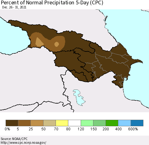 Azerbaijan, Armenia and Georgia Percent of Normal Precipitation 5-Day (CPC) Thematic Map For 12/26/2021 - 12/31/2021
