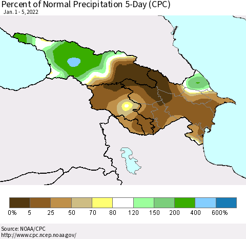 Azerbaijan, Armenia and Georgia Percent of Normal Precipitation 5-Day (CPC) Thematic Map For 1/1/2022 - 1/5/2022