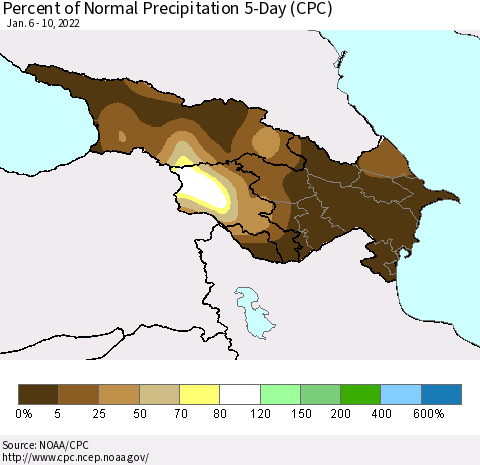 Azerbaijan, Armenia and Georgia Percent of Normal Precipitation 5-Day (CPC) Thematic Map For 1/6/2022 - 1/10/2022