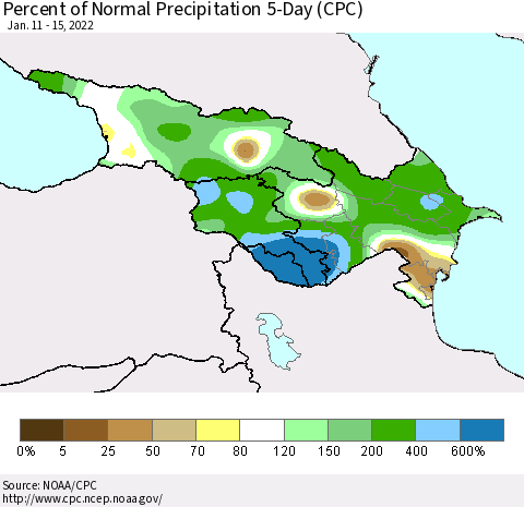 Azerbaijan, Armenia and Georgia Percent of Normal Precipitation 5-Day (CPC) Thematic Map For 1/11/2022 - 1/15/2022