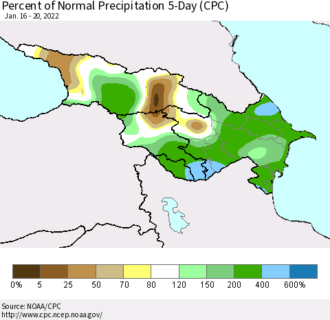 Azerbaijan, Armenia and Georgia Percent of Normal Precipitation 5-Day (CPC) Thematic Map For 1/16/2022 - 1/20/2022