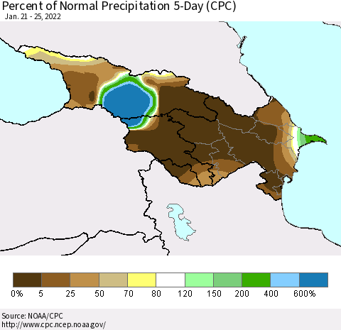 Azerbaijan, Armenia and Georgia Percent of Normal Precipitation 5-Day (CPC) Thematic Map For 1/21/2022 - 1/25/2022