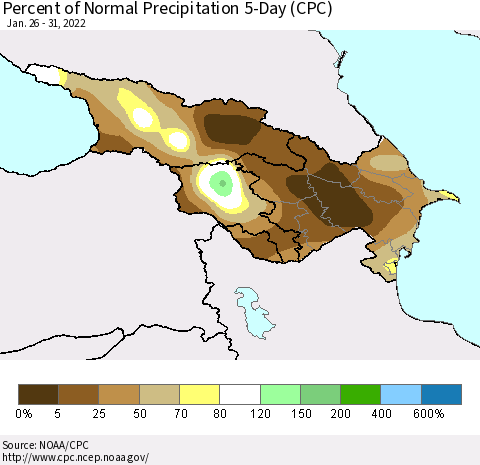 Azerbaijan, Armenia and Georgia Percent of Normal Precipitation 5-Day (CPC) Thematic Map For 1/26/2022 - 1/31/2022