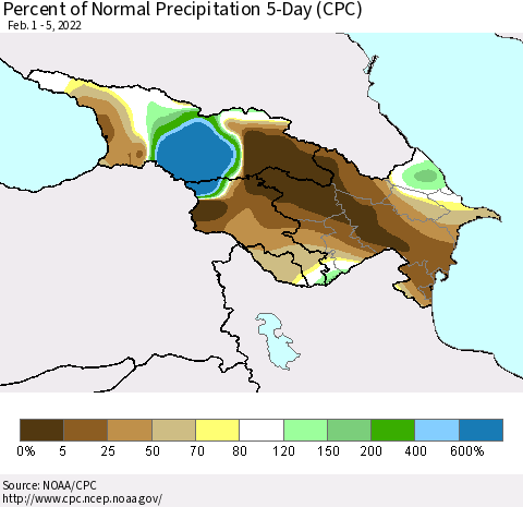 Azerbaijan, Armenia and Georgia Percent of Normal Precipitation 5-Day (CPC) Thematic Map For 2/1/2022 - 2/5/2022