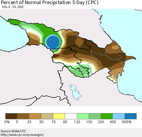 Azerbaijan, Armenia and Georgia Percent of Normal Precipitation 5-Day (CPC) Thematic Map For 2/6/2022 - 2/10/2022