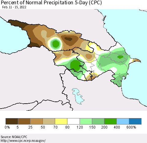 Azerbaijan, Armenia and Georgia Percent of Normal Precipitation 5-Day (CPC) Thematic Map For 2/11/2022 - 2/15/2022