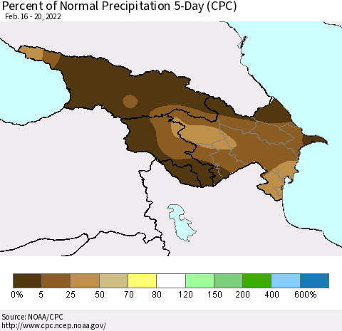 Azerbaijan, Armenia and Georgia Percent of Normal Precipitation 5-Day (CPC) Thematic Map For 2/16/2022 - 2/20/2022