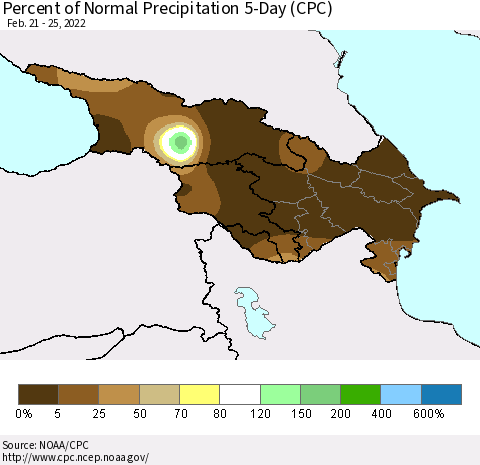Azerbaijan, Armenia and Georgia Percent of Normal Precipitation 5-Day (CPC) Thematic Map For 2/21/2022 - 2/25/2022