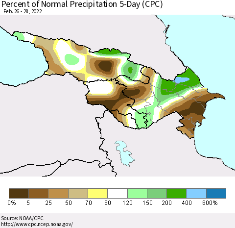 Azerbaijan, Armenia and Georgia Percent of Normal Precipitation 5-Day (CPC) Thematic Map For 2/26/2022 - 2/28/2022