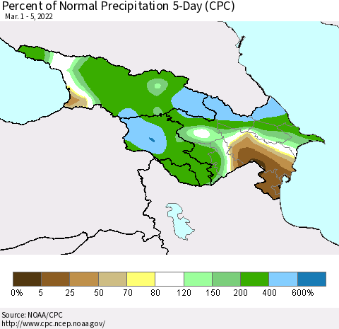 Azerbaijan, Armenia and Georgia Percent of Normal Precipitation 5-Day (CPC) Thematic Map For 3/1/2022 - 3/5/2022