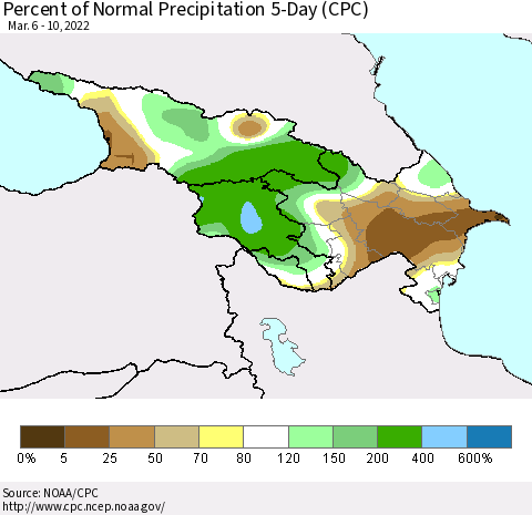 Azerbaijan, Armenia and Georgia Percent of Normal Precipitation 5-Day (CPC) Thematic Map For 3/6/2022 - 3/10/2022
