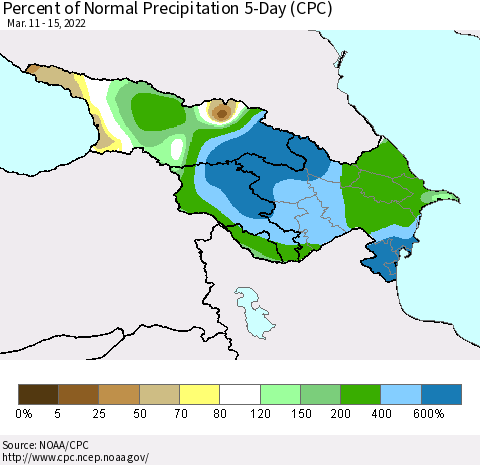 Azerbaijan, Armenia and Georgia Percent of Normal Precipitation 5-Day (CPC) Thematic Map For 3/11/2022 - 3/15/2022