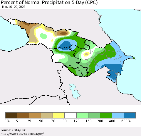 Azerbaijan, Armenia and Georgia Percent of Normal Precipitation 5-Day (CPC) Thematic Map For 3/16/2022 - 3/20/2022
