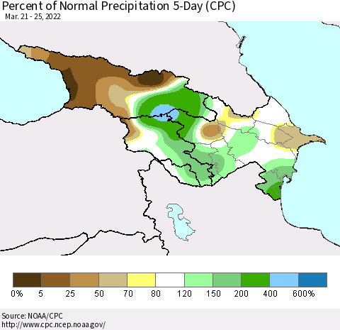 Azerbaijan, Armenia and Georgia Percent of Normal Precipitation 5-Day (CPC) Thematic Map For 3/21/2022 - 3/25/2022