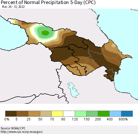 Azerbaijan, Armenia and Georgia Percent of Normal Precipitation 5-Day (CPC) Thematic Map For 3/26/2022 - 3/31/2022