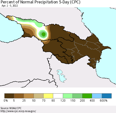 Azerbaijan, Armenia and Georgia Percent of Normal Precipitation 5-Day (CPC) Thematic Map For 4/1/2022 - 4/5/2022