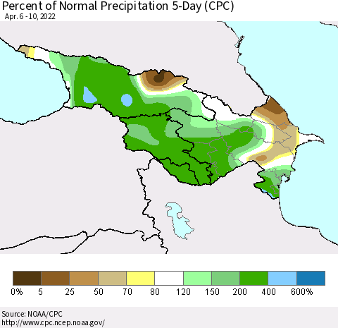 Azerbaijan, Armenia and Georgia Percent of Normal Precipitation 5-Day (CPC) Thematic Map For 4/6/2022 - 4/10/2022