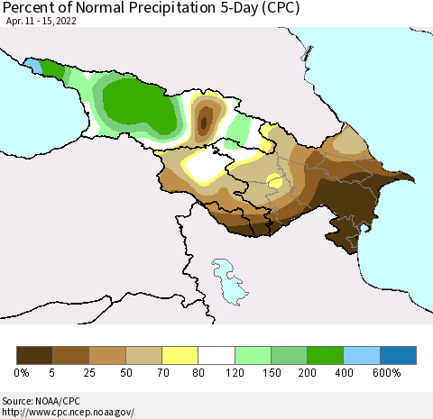 Azerbaijan, Armenia and Georgia Percent of Normal Precipitation 5-Day (CPC) Thematic Map For 4/11/2022 - 4/15/2022