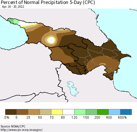 Azerbaijan, Armenia and Georgia Percent of Normal Precipitation 5-Day (CPC) Thematic Map For 4/16/2022 - 4/20/2022