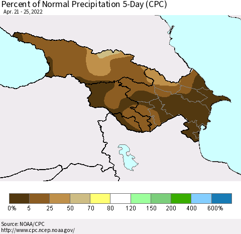 Azerbaijan, Armenia and Georgia Percent of Normal Precipitation 5-Day (CPC) Thematic Map For 4/21/2022 - 4/25/2022