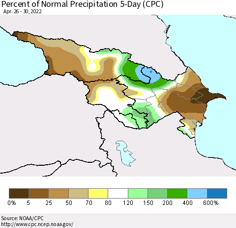Azerbaijan, Armenia and Georgia Percent of Normal Precipitation 5-Day (CPC) Thematic Map For 4/26/2022 - 4/30/2022