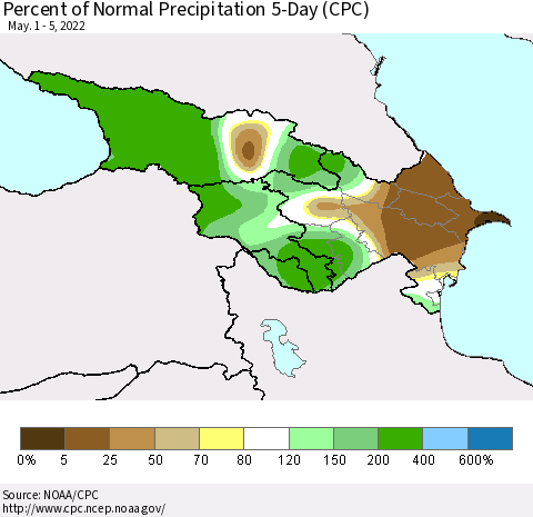 Azerbaijan, Armenia and Georgia Percent of Normal Precipitation 5-Day (CPC) Thematic Map For 5/1/2022 - 5/5/2022