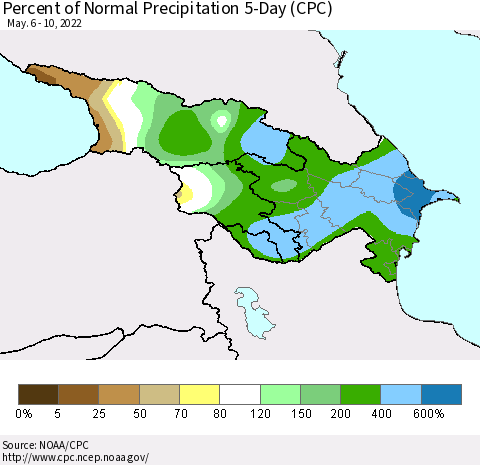 Azerbaijan, Armenia and Georgia Percent of Normal Precipitation 5-Day (CPC) Thematic Map For 5/6/2022 - 5/10/2022