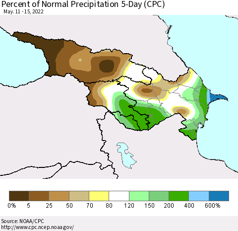 Azerbaijan, Armenia and Georgia Percent of Normal Precipitation 5-Day (CPC) Thematic Map For 5/11/2022 - 5/15/2022