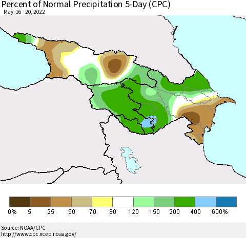 Azerbaijan, Armenia and Georgia Percent of Normal Precipitation 5-Day (CPC) Thematic Map For 5/16/2022 - 5/20/2022