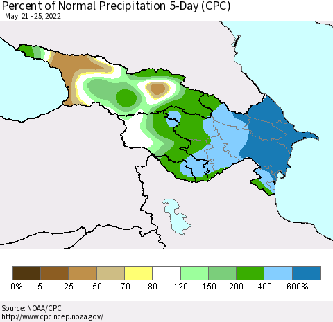 Azerbaijan, Armenia and Georgia Percent of Normal Precipitation 5-Day (CPC) Thematic Map For 5/21/2022 - 5/25/2022