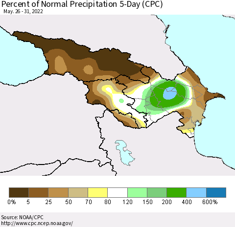 Azerbaijan, Armenia and Georgia Percent of Normal Precipitation 5-Day (CPC) Thematic Map For 5/26/2022 - 5/31/2022