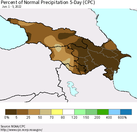 Azerbaijan, Armenia and Georgia Percent of Normal Precipitation 5-Day (CPC) Thematic Map For 6/1/2022 - 6/5/2022
