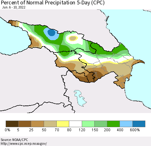 Azerbaijan, Armenia and Georgia Percent of Normal Precipitation 5-Day (CPC) Thematic Map For 6/6/2022 - 6/10/2022