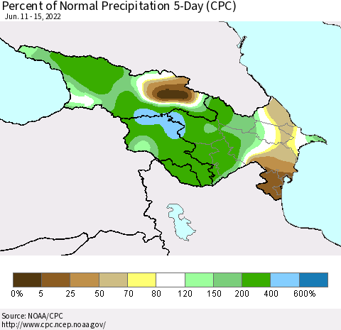 Azerbaijan, Armenia and Georgia Percent of Normal Precipitation 5-Day (CPC) Thematic Map For 6/11/2022 - 6/15/2022