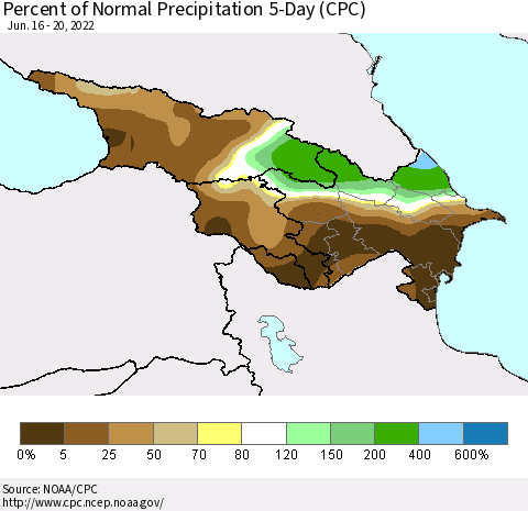 Azerbaijan, Armenia and Georgia Percent of Normal Precipitation 5-Day (CPC) Thematic Map For 6/16/2022 - 6/20/2022