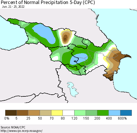 Azerbaijan, Armenia and Georgia Percent of Normal Precipitation 5-Day (CPC) Thematic Map For 6/21/2022 - 6/25/2022