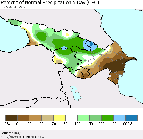Azerbaijan, Armenia and Georgia Percent of Normal Precipitation 5-Day (CPC) Thematic Map For 6/26/2022 - 6/30/2022