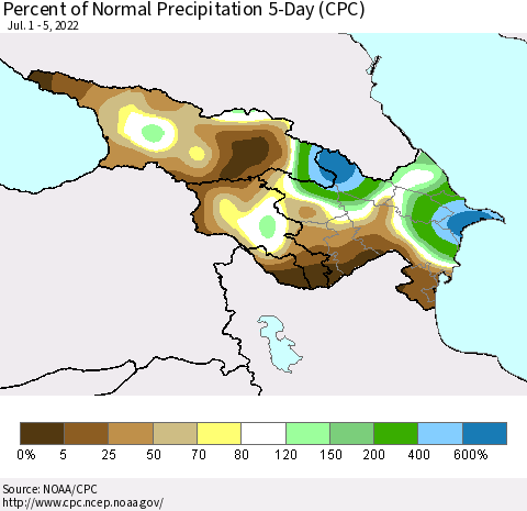 Azerbaijan, Armenia and Georgia Percent of Normal Precipitation 5-Day (CPC) Thematic Map For 7/1/2022 - 7/5/2022