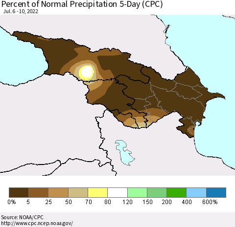 Azerbaijan, Armenia and Georgia Percent of Normal Precipitation 5-Day (CPC) Thematic Map For 7/6/2022 - 7/10/2022