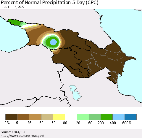 Azerbaijan, Armenia and Georgia Percent of Normal Precipitation 5-Day (CPC) Thematic Map For 7/11/2022 - 7/15/2022