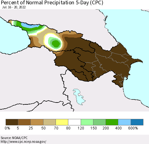 Azerbaijan, Armenia and Georgia Percent of Normal Precipitation 5-Day (CPC) Thematic Map For 7/16/2022 - 7/20/2022