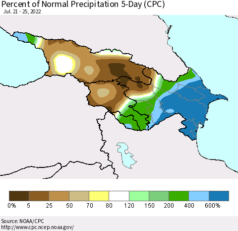 Azerbaijan, Armenia and Georgia Percent of Normal Precipitation 5-Day (CPC) Thematic Map For 7/21/2022 - 7/25/2022