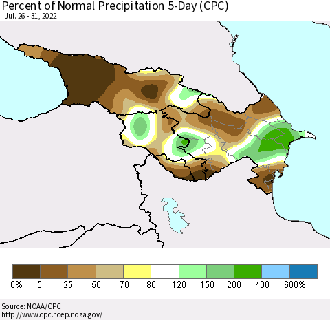 Azerbaijan, Armenia and Georgia Percent of Normal Precipitation 5-Day (CPC) Thematic Map For 7/26/2022 - 7/31/2022