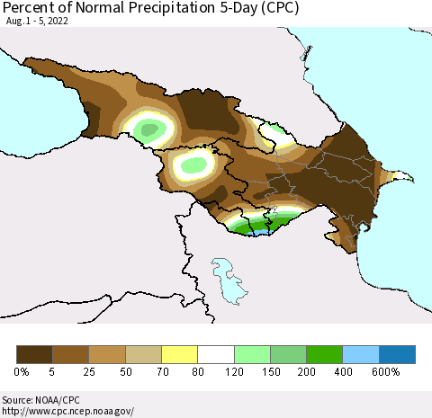 Azerbaijan, Armenia and Georgia Percent of Normal Precipitation 5-Day (CPC) Thematic Map For 8/1/2022 - 8/5/2022