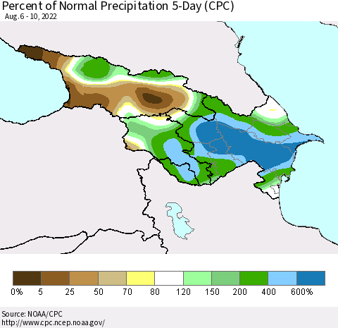 Azerbaijan, Armenia and Georgia Percent of Normal Precipitation 5-Day (CPC) Thematic Map For 8/6/2022 - 8/10/2022