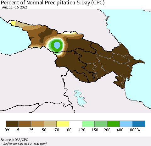 Azerbaijan, Armenia and Georgia Percent of Normal Precipitation 5-Day (CPC) Thematic Map For 8/11/2022 - 8/15/2022