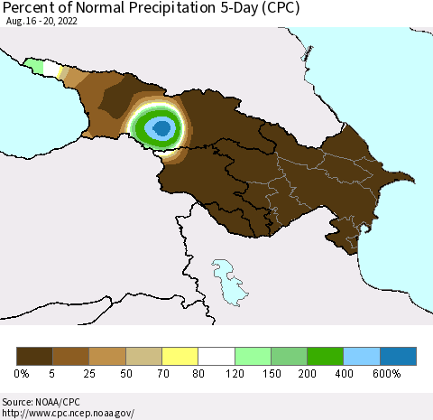 Azerbaijan, Armenia and Georgia Percent of Normal Precipitation 5-Day (CPC) Thematic Map For 8/16/2022 - 8/20/2022