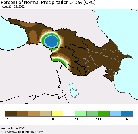Azerbaijan, Armenia and Georgia Percent of Normal Precipitation 5-Day (CPC) Thematic Map For 8/21/2022 - 8/25/2022