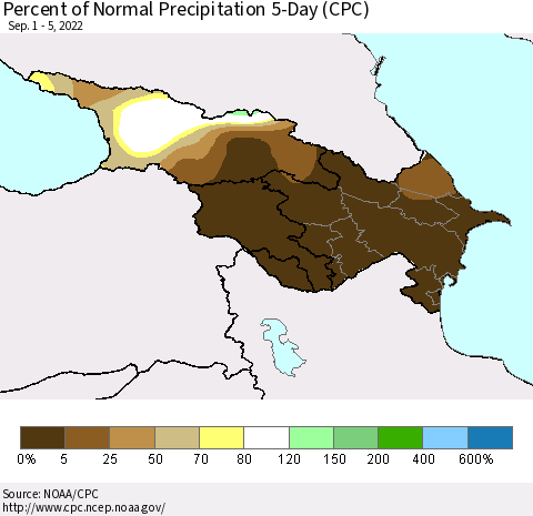 Azerbaijan, Armenia and Georgia Percent of Normal Precipitation 5-Day (CPC) Thematic Map For 9/1/2022 - 9/5/2022