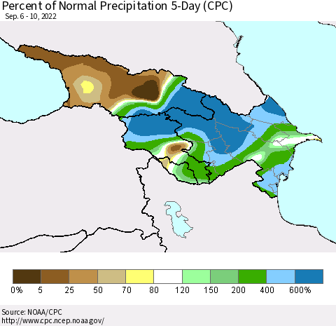 Azerbaijan, Armenia and Georgia Percent of Normal Precipitation 5-Day (CPC) Thematic Map For 9/6/2022 - 9/10/2022